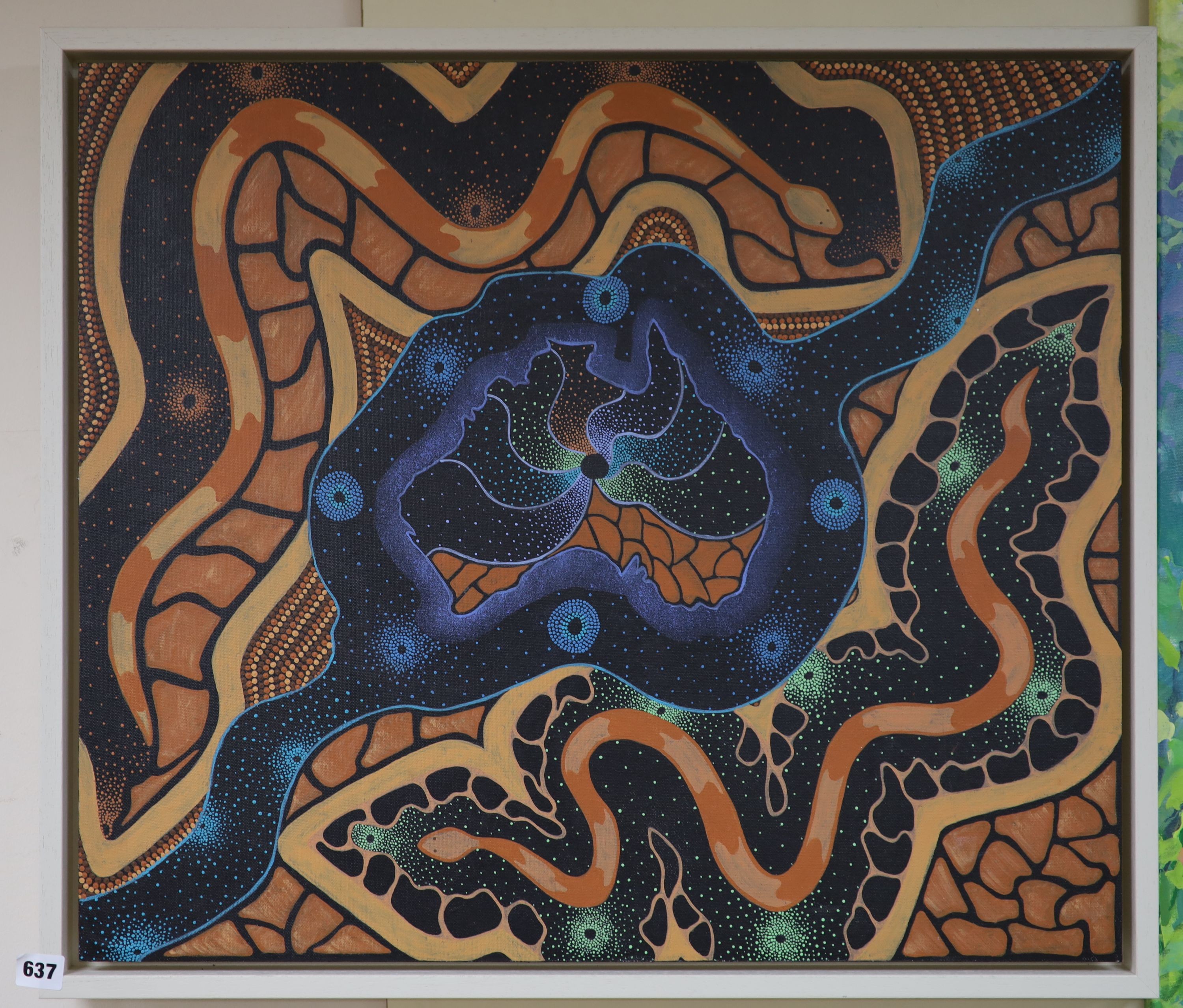 First Nation Aboriginal School in the Nukunu manner, oil on canvas, 'Snake and river', 58 x 67cm